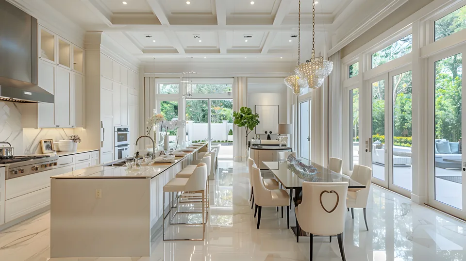 Light-filled kitchen with a long island and views of greenery