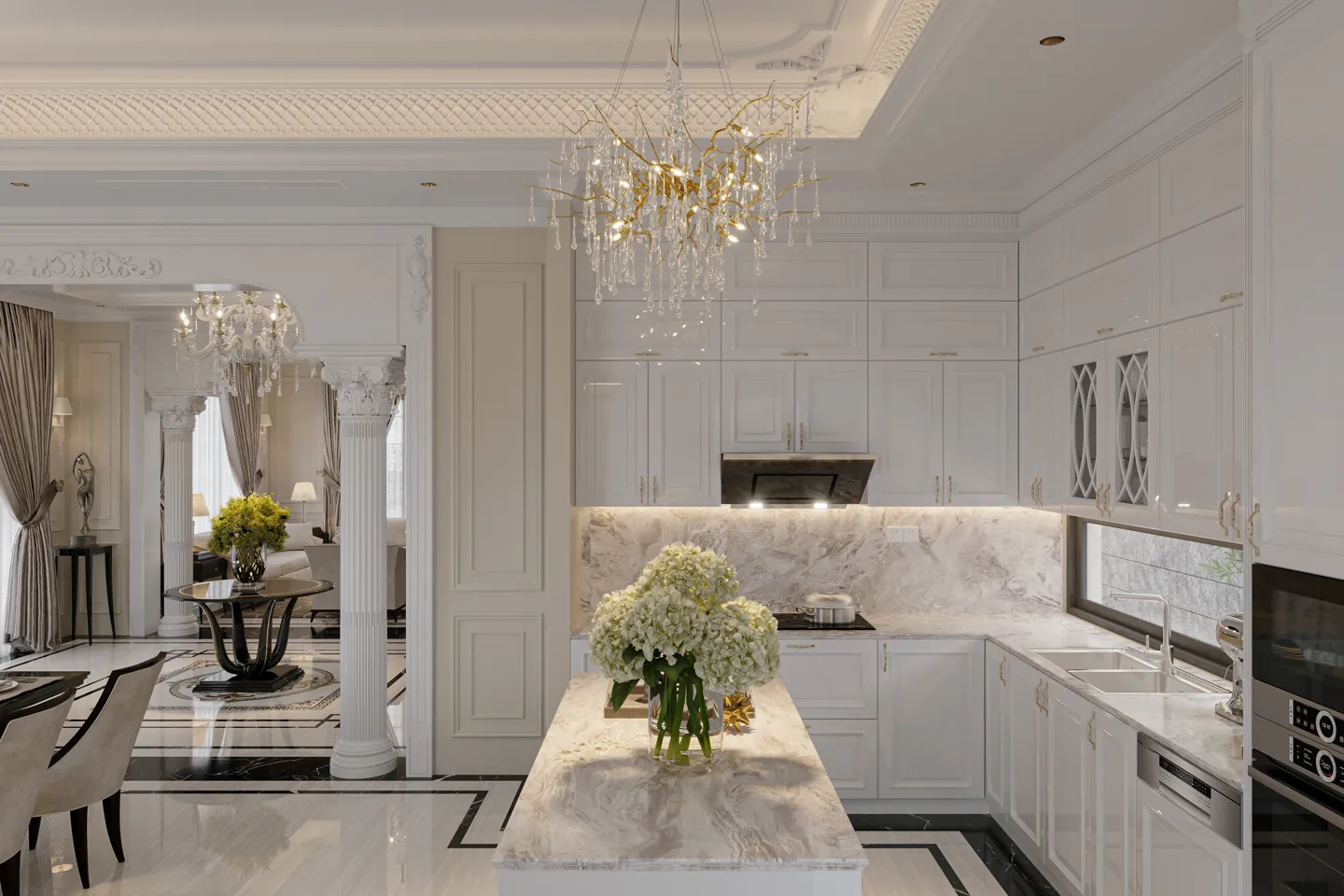 Bright, elegant interior with a chandelier and soft neutral finishes