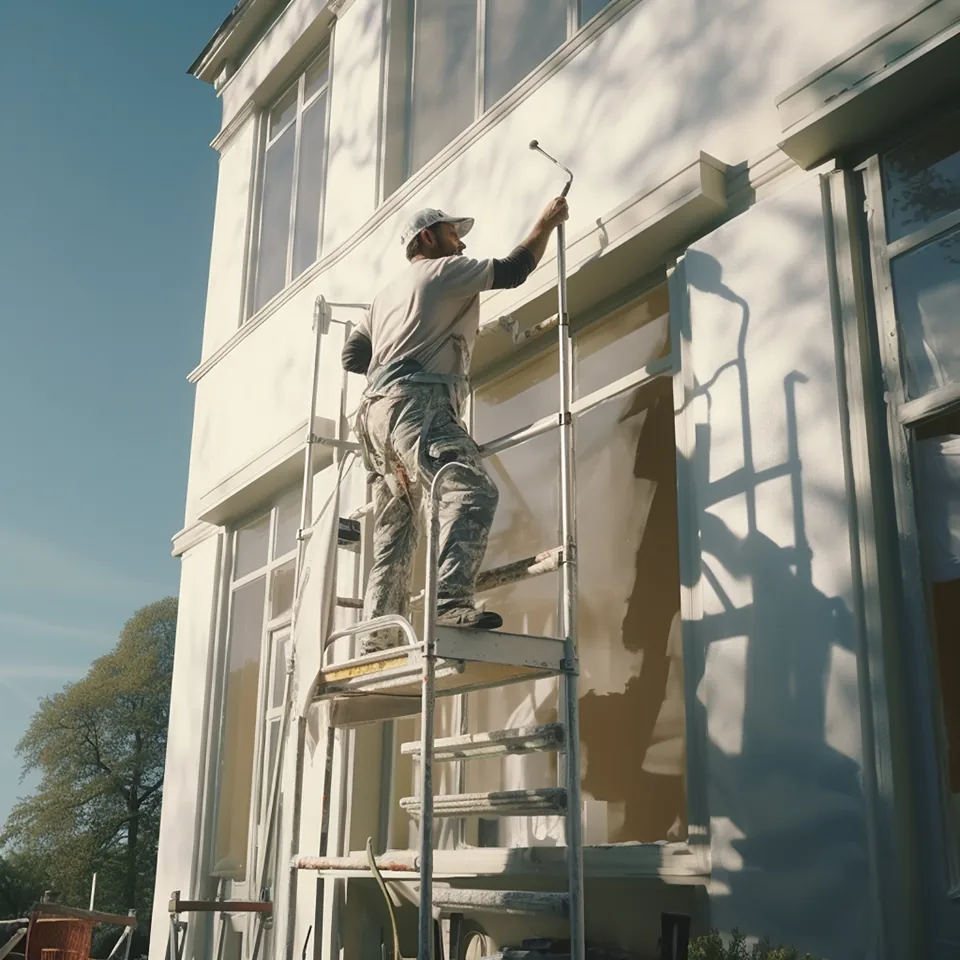Painter applying a fresh exterior finish to a home