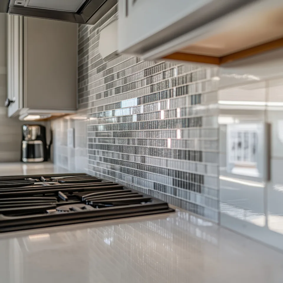 Kitchen backsplash, countertop, and cabinetry detail