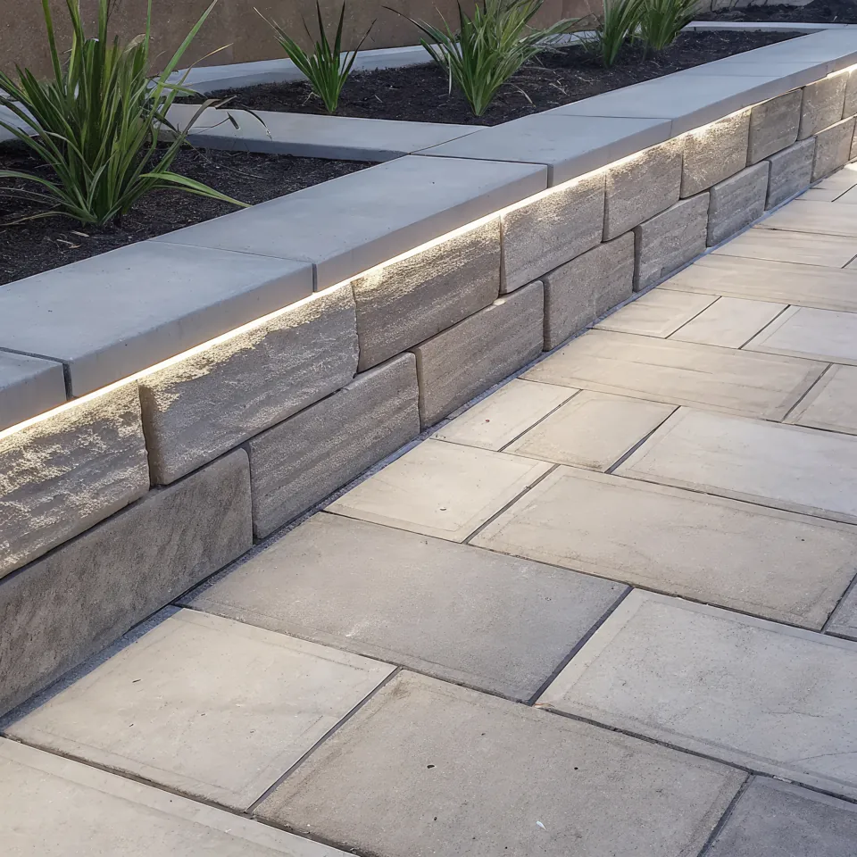 Outdoor pavers and a landscaped stone retaining wall