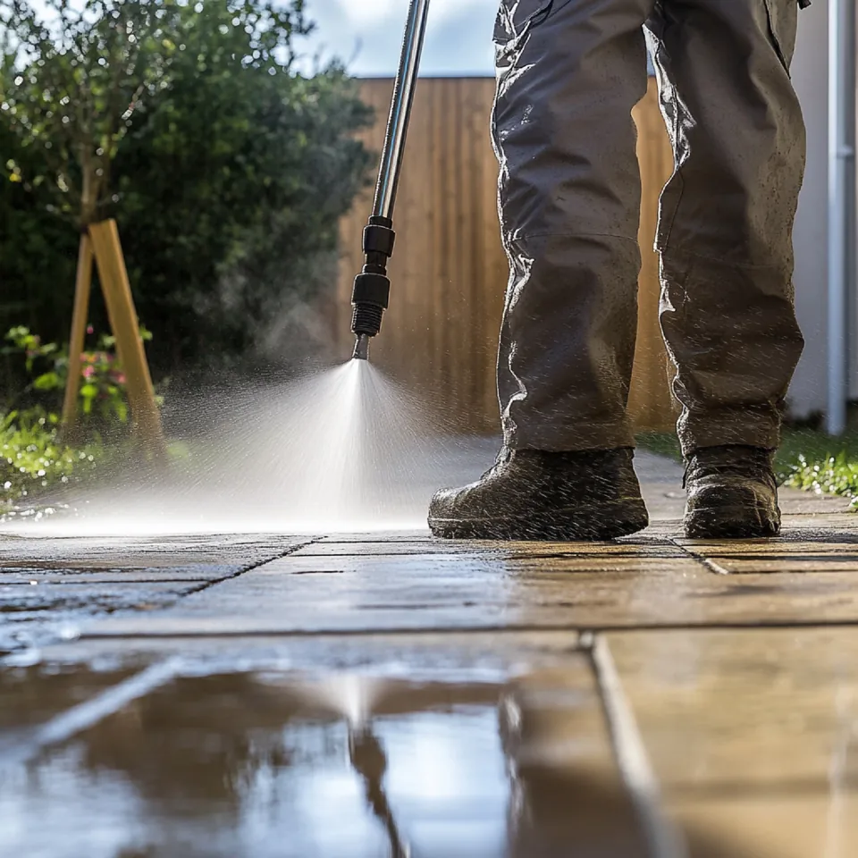 Pressure washing an outdoor paved surface